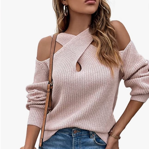 Sweaters Crossed V- Neck Balloon Sleeve Off The Shoulder Tops for Women